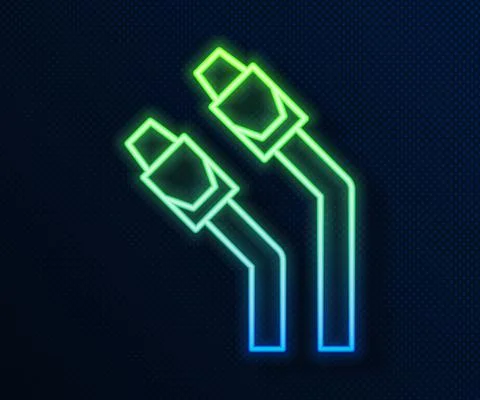 Glowing neon line LAN cable network internet icon isolated on blue background Illustrazione stock