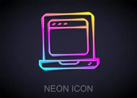 Glowing neon line Laptop with browser window icon isolated on black backgro.. Stock Illustration