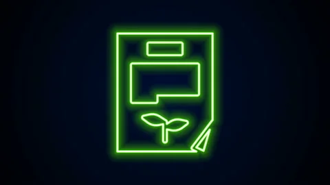 Glowing neon line Leaf document icon isolated on black background. Nature file Stock Footage 142174802
