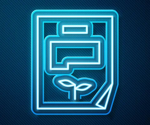 Glowing neon line Leaf document icon isolated on blue background. Nature file Stock Illustration