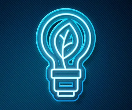 Glowing neon line Light bulb with leaf icon isolated on blue background. Eco  Stock Illustration