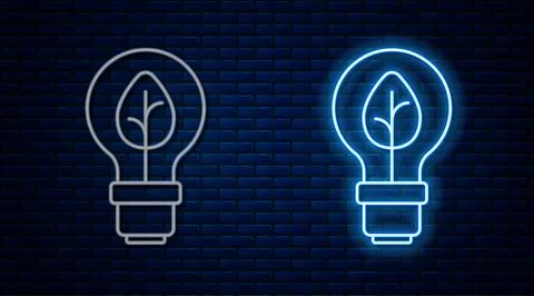 Glowing neon line Light bulb with leaf icon isolated on brick wall backgrou.. Stock Illustration