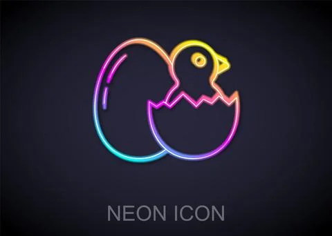 Glowing neon line Little chick in cracked egg icon isolated on black background Stock Illustration