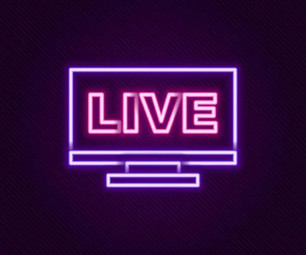 Glowing neon line Live streaming online videogame play icon isolated on bla.. イラスト素材