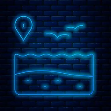 Glowing neon line Location with beach icon isolated on brick wall background Stock Illustration