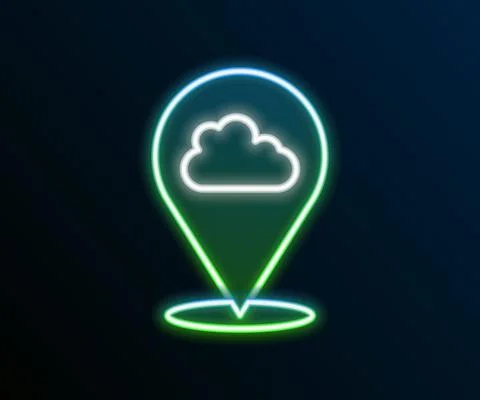 Glowing neon line Location cloud icon isolated on black background. Colorful 스톡 일러스트