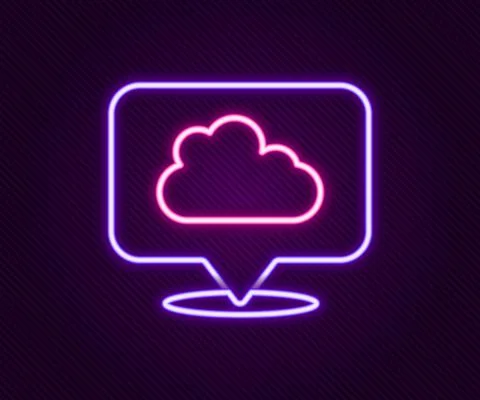 Glowing neon line Location cloud icon isolated on black background. Colorful Stock Illustration