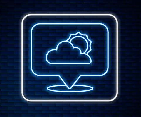 Glowing neon line Location cloud icon isolated on brick wall background. Vector Illustrazione stock
