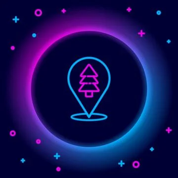 Glowing neon line Location of the forest on a map icon isolated on black ba.. Stock Illustration