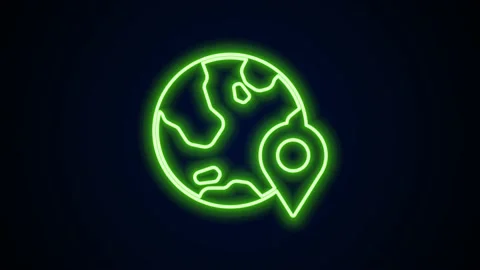 Glowing neon line Location on the globe icon isolated on black background. World Stock Footage 154095100
