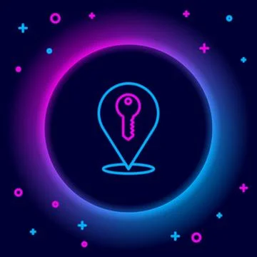 Glowing neon line Location key icon isolated on black background. The conce.. Stock Illustration