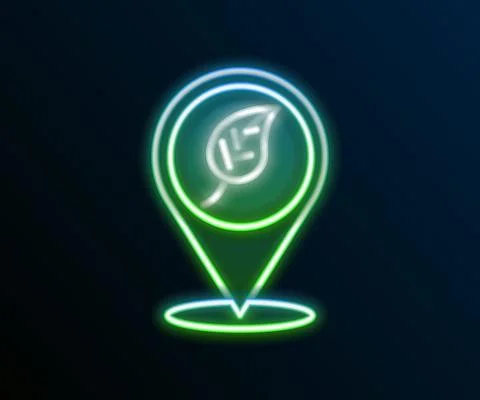 Glowing neon line Location with leaf icon isolated on black background. Eco Stock Illustration