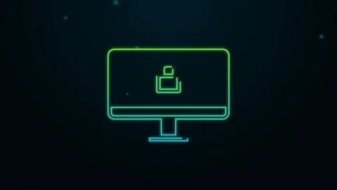Glowing neon line Lock on computer monitor screen icon isolated on black Stock Footage 140295515