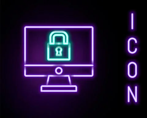 Glowing neon line Lock on computer monitor screen icon isolated on black Stock Illustration