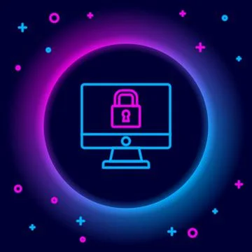 Glowing neon line Lock on computer monitor screen icon isolated on black Stock Illustration