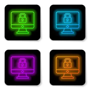 Glowing neon line Lock on computer monitor screen icon isolated on white Ilustración de archivo