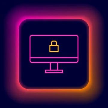 Glowing neon line Lock on computer monitor screen icon isolated on black Stockillustratie