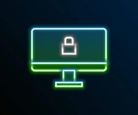 Glowing neon line Lock on computer monitor screen icon isolated on black Ilustración de archivo