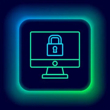 Glowing neon line Lock on computer monitor screen icon isolated on black back Stock Illustration