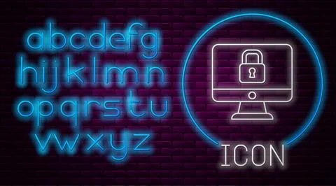 Glowing neon line Lock on computer monitor screen icon isolated on brick wa.. Stock Illustration