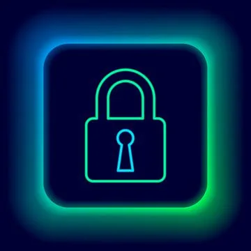 Glowing neon line Lock icon isolated on black background. Closed padlock sign Illustrazione stock