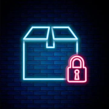 Glowing neon line Locked package icon isolated on brick wall background. Lo.. Stock-Illustration