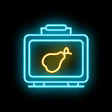 Glowing neon line lunch box with pear icon isolated on black background, co.. Stock Illustration