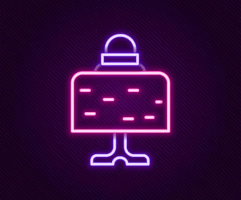 Glowing neon line Magic ball on table icon isolated on black background. Crystal Stock Illustration