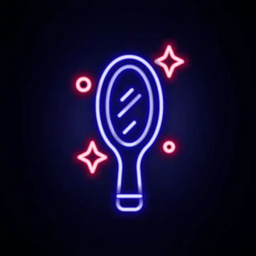 Glowing neon line Magic hand mirror icon isolated on brick wall background... Stock Illustration