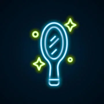 Glowing neon line Magic hand mirror icon isolated on black background. Colo.. Stock Illustration