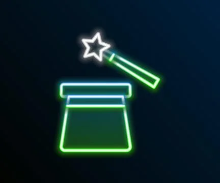 Glowing neon line Magic hat and wand icon isolated on black background. Mag.. Stockillustratie