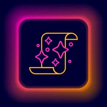 Glowing neon line Magic scroll icon isolated on black background. Decree, paper Illustrazione stock