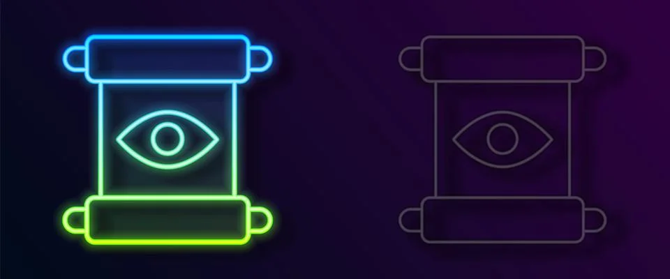 Glowing neon line Magic scroll icon isolated on black background. Decree, paper Illustrazione stock
