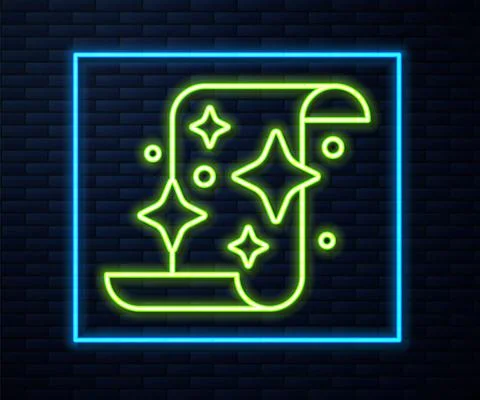 Glowing neon line Magic scroll icon isolated on brick wall background. Decree Illustrazione stock