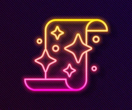 Glowing neon line Magic scroll icon isolated on black background. Decree, pap Illustrazione stock