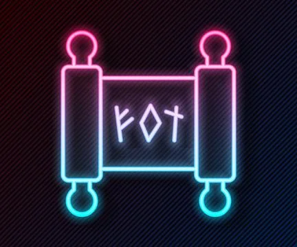 Glowing neon line Magic scroll icon isolated on black background. Decree, pap Stock Illustration