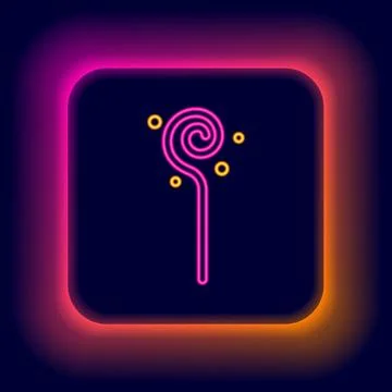Glowing neon line Magic staff icon isolated on black background. Magic wand.. イラスト素材