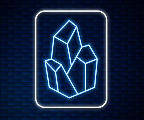 Glowing neon line Magic stone icon isolated on brick wall background. Fantasy Stock Illustration