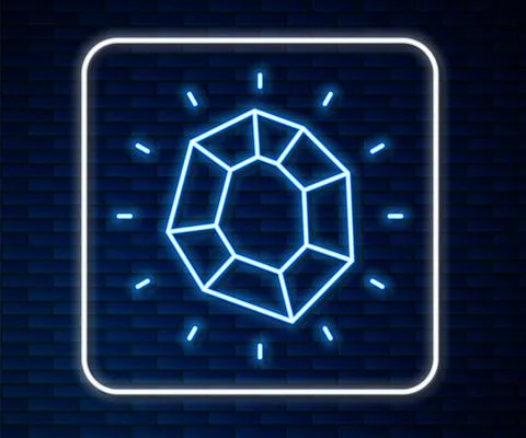 Glowing neon line Magic stone icon isolated on brick wall background. Fantasy Illustrazione stock
