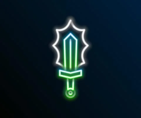Glowing neon line Magic sword in fire icon isolated on black background. Fiery Stock Illustration
