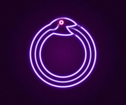 Glowing neon line Magic symbol of Ouroboros icon isolated on black backgrou.. Stock Illustration