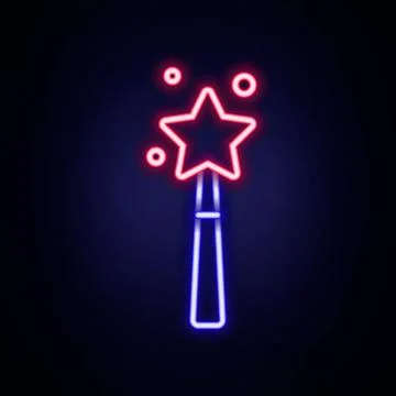 Glowing neon line Magic wand icon isolated on brick wall background. Star s.. Stock Illustration