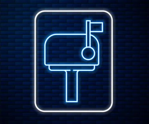 Glowing neon line Mail box icon isolated on brick wall background. Mailbox icon Stock Illustration