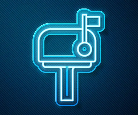 Glowing neon line Mail box icon isolated on blue background. Mailbox icon. Mail Stock Illustration