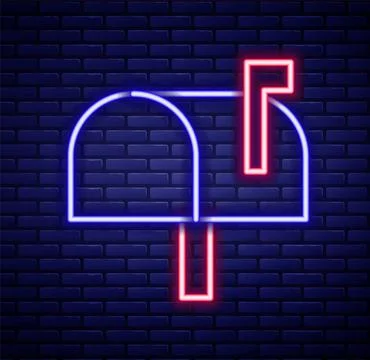 Glowing neon line Mail box icon isolated on brick wall background. Mailbox ic Stock Illustration