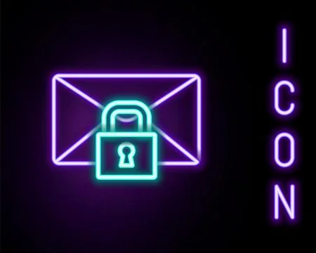 Glowing neon line Mail message lock password icon isolated on black backgro.. Stock Illustration