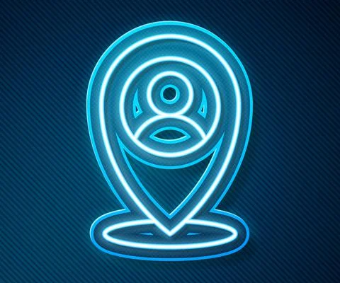 Glowing neon line Map marker with a silhouette of a person icon isolated on blue Stock Illustration
