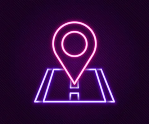 Glowing neon line Map pin icon isolated on black background. Navigation, pointer 스톡 일러스트