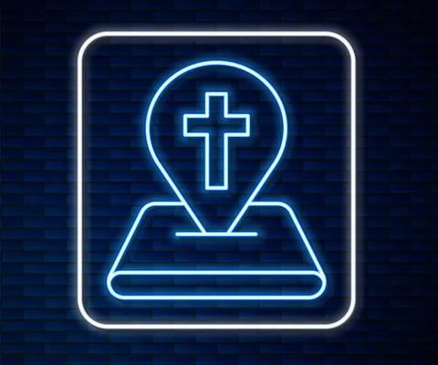 Glowing neon line Map pin church building icon isolated on brick wall background Ilustración de archivo