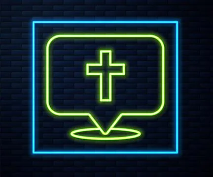 Glowing neon line Map pin church building icon isolated on brick wall background Ilustración de archivo